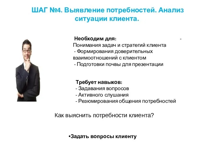 ШАГ №4. Выявление потребностей. Анализ ситуации клиента. Необходим для: - Понимания задач