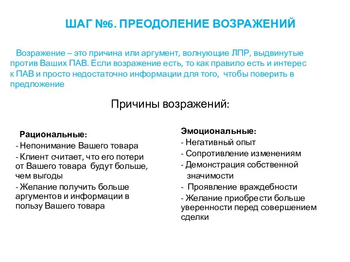 Причины возражений: Рациональные: - Непонимание Вашего товара - Клиент считает, что его