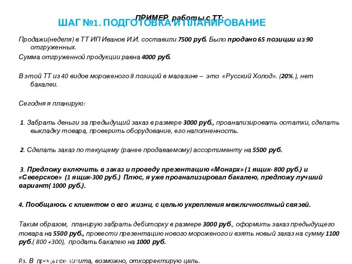 ПРИМЕР работы с ТТ: Продажи(неделя) в ТТ ИП Иванов И.И. составили 7500