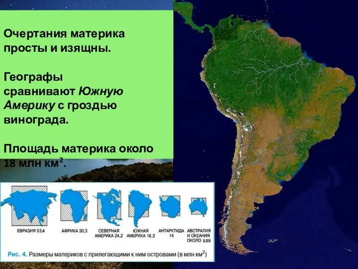 Очертания материка просты и изящны. Географы сравнивают Южную Америку с гроздью винограда.