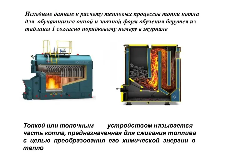 Исходные данные к расчету тепловых процессов топки котла для обучающихся очной и