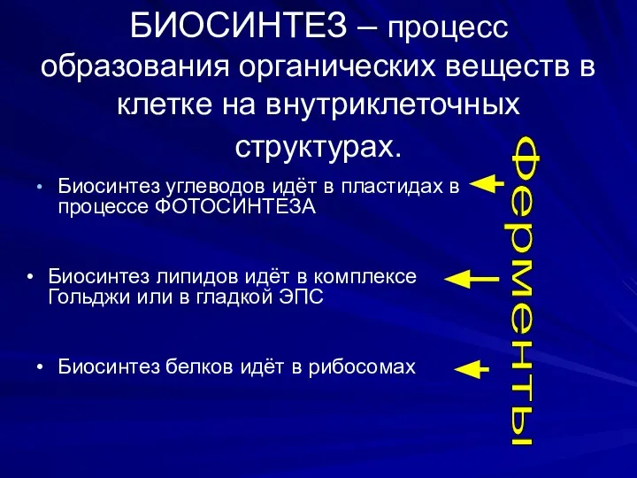 БИОСИНТЕЗ – процесс образования органических веществ в клетке на внутриклеточных структурах. Биосинтез