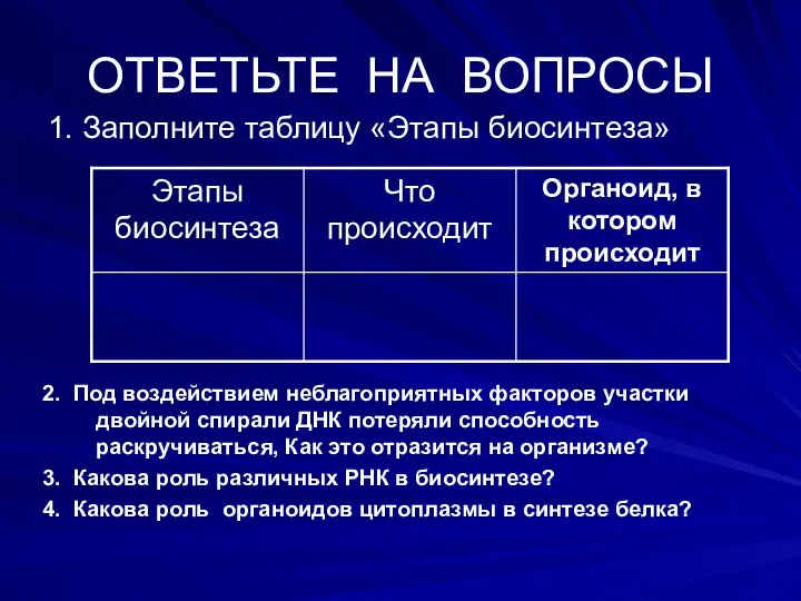 ОТВЕТЬТЕ НА ВОПРОСЫ 1. Заполните таблицу «Этапы биосинтеза» 2. Под воздействием неблагоприятных