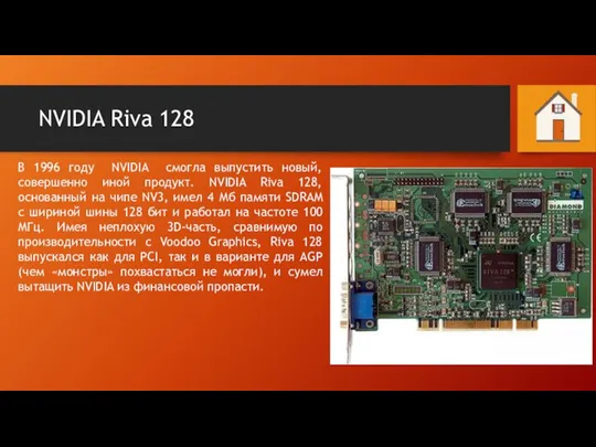 NVIDIA Riva 128 В 1996 году NVIDIA смогла выпустить новый, совершенно иной