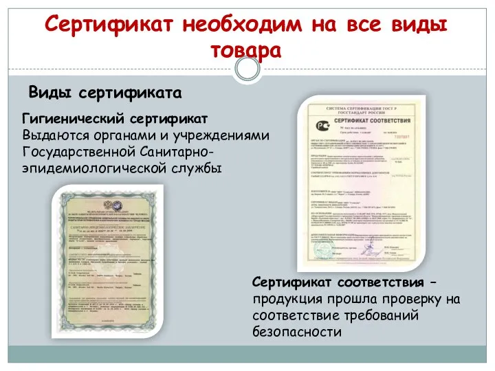 Сертификат необходим на все виды товара Виды сертификата Гигиенический сертификат Выдаются органами