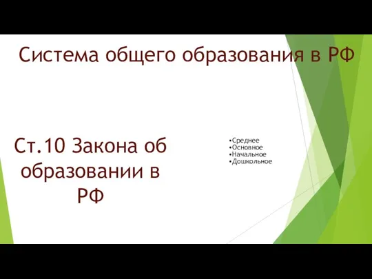 Среднее Основное Начальное Дошкольное Система общего образования в РФ Ст.10 Закона об образовании в РФ