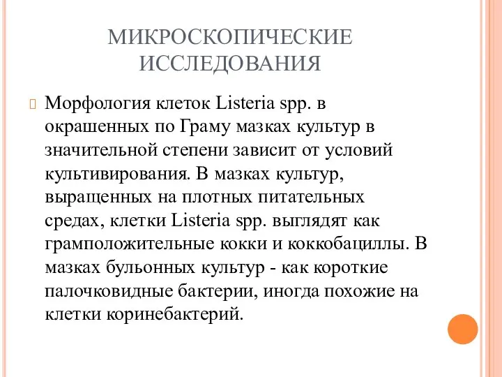 МИКРОСКОПИЧЕСКИЕ ИССЛЕДОВАНИЯ Морфология клеток Listeria spp. в окрашенных по Граму мазках культур