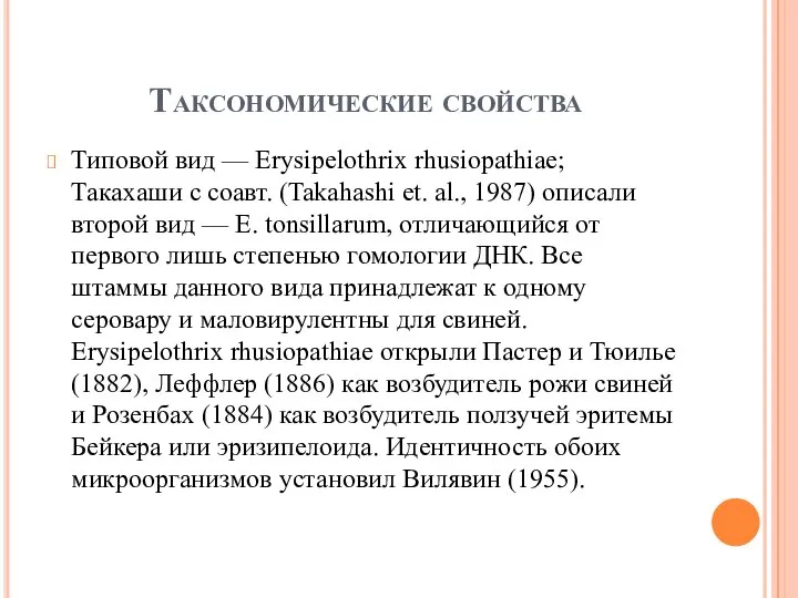 Таксономические свойства Типовой вид — Erysipelothrix rhusiopathiae; Такахаши с соавт. (Takahashi et.