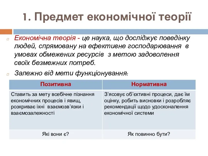 1. Предмет економічної теорії Економічна теорія - це наука, що досліджує поведінку