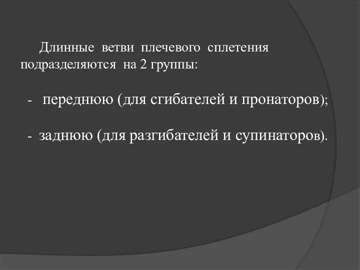 Длинные ветви плечевого сплетения подразделяются на 2 группы: - переднюю (для сгибателей