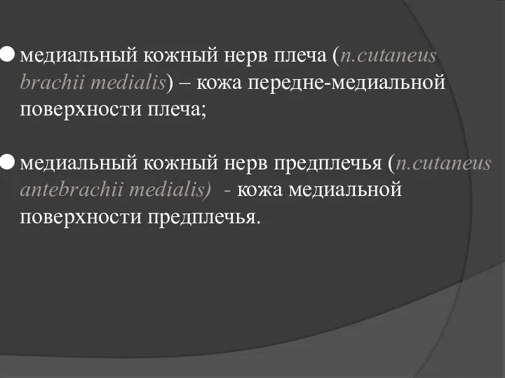 медиальный кожный нерв плеча (n.cutaneus brachii medialis) – кожа передне-медиальной поверхности плеча;