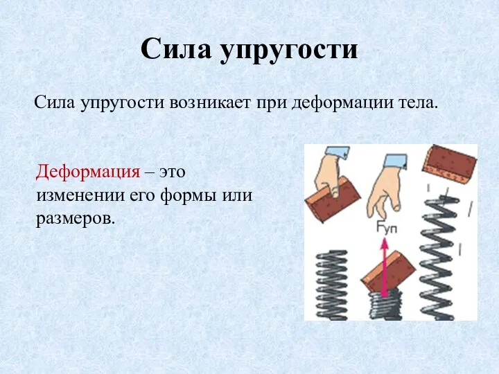 Сила упругости Сила упругости возникает при деформации тела. Деформация – это изменении его формы или размеров.