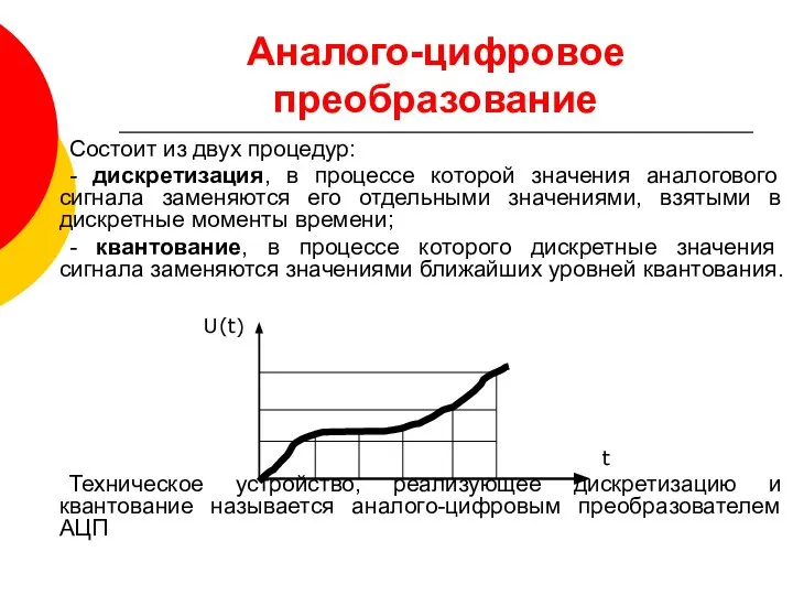 Аналого-цифровое преобразование Состоит из двух процедур: - дискретизация, в процессе которой значения