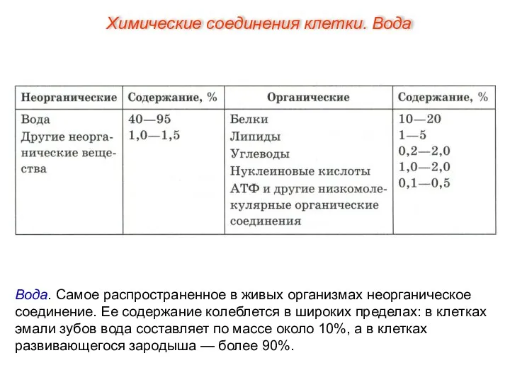 Вода. Самое распространенное в живых организмах неорганическое соединение. Ее содержание колеблется в