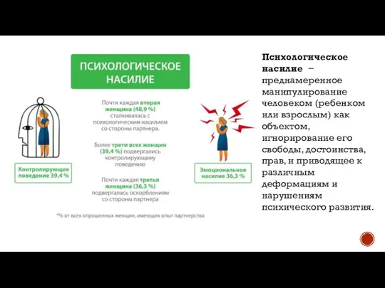 Психологическое насилие − преднамеренное манипулирование человеком (ребенком или взрослым) как объектом, игнорирование