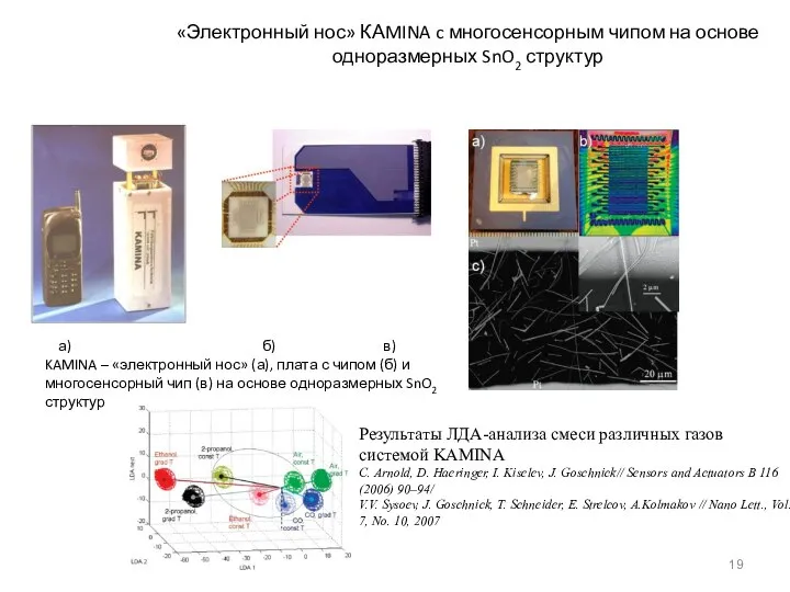«Электронный нос» КАMINA c многосенсорным чипом на основе одноразмерных SnO2 структур а)