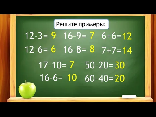 12–3= 12–6= 16–9= 16–8= 6+6= 7+7= 17–10= 16–6= 50–20= 60–40= Решите примеры: