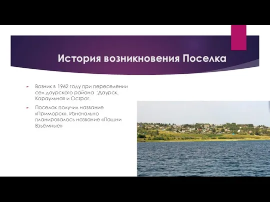 История возникновения Поселка Возник в 1962 году при переселении сел даурского района