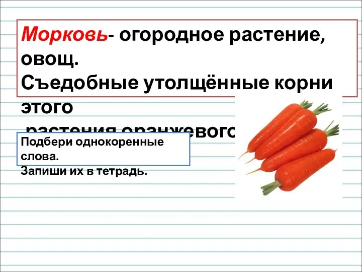 Морковь- огородное растение, овощ. Съедобные утолщённые корни этого растения оранжевого цвета. Подбери