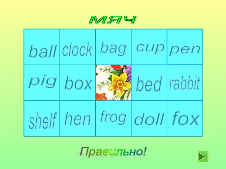 мяч clock bed cup bag frog box hen shelf pig ball fox doll rabbit pen Правильно!