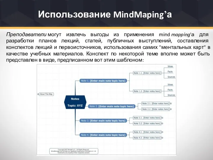 Использование MindMaping’а Преподаватели могут извлечь выгоды из применения mind mapping'а для разработки