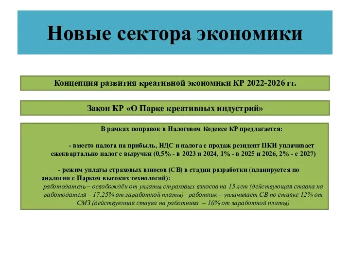 Новые сектора экономики Концепция развития креативной экономики КР 2022-2026 гг. Закон КР