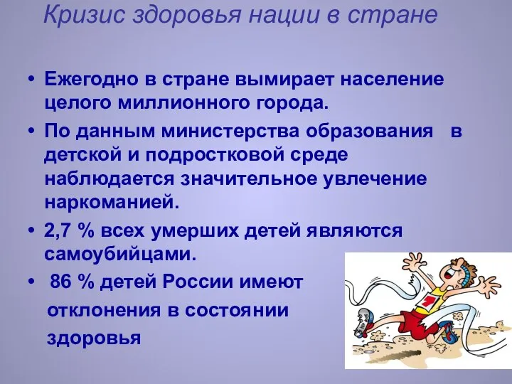 Кризис здоровья нации в стране Ежегодно в стране вымирает население целого миллионного