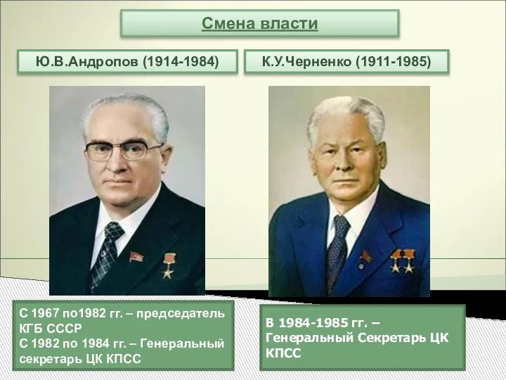 Смена власти Ю.В.Андропов (1914-1984) К.У.Черненко (1911-1985) С 1967 по1982 гг. – председатель