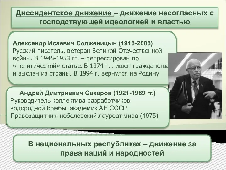 Диссидентское движение – движение несогласных с господствующей идеологией и властью Сторонники «подлинного