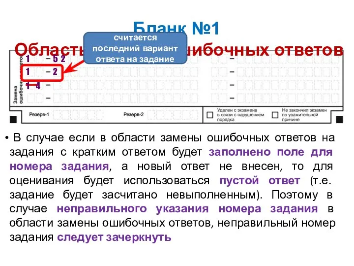 Бланк №1 Область замены ошибочных ответов В случае если в области замены