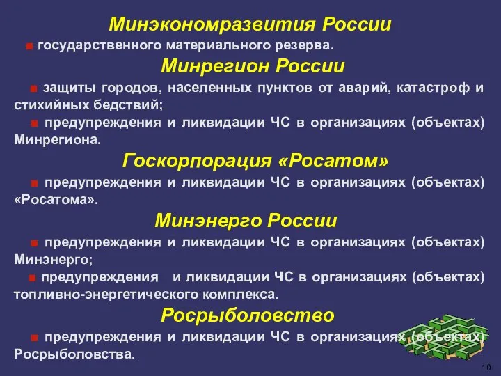 Минэкономразвития России ■ государственного материального резерва. Минрегион России ■ защиты городов, населенных