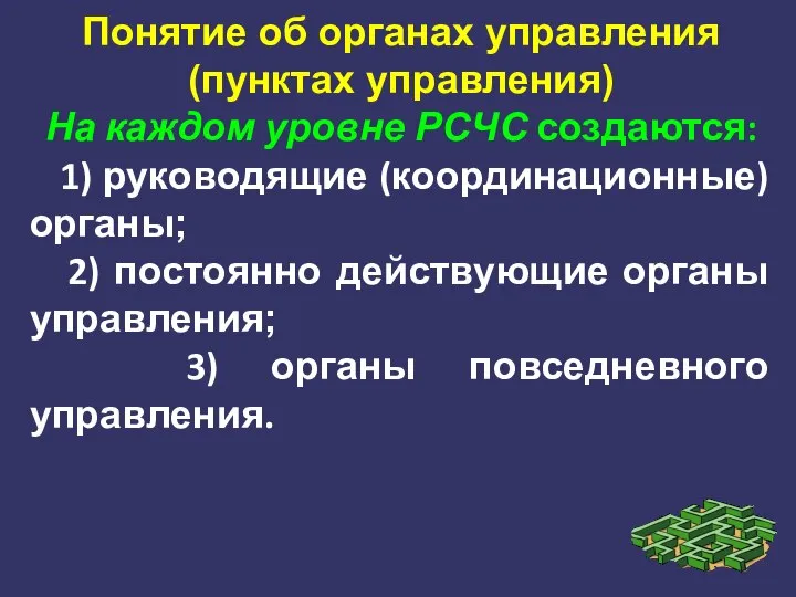 Понятие об органах управления (пунктах управления) На каждом уровне РСЧС создаются: 1)