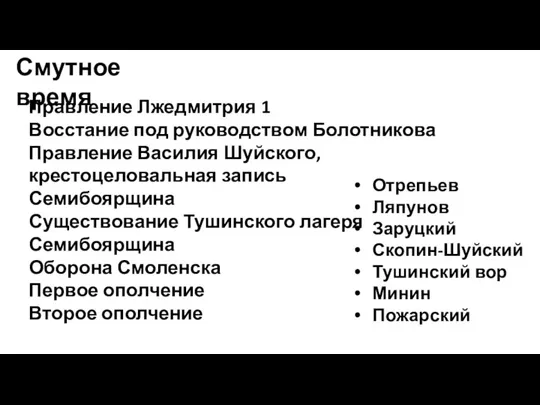 Смутное время Правление Лжедмитрия 1 Восстание под руководством Болотникова Правление Василия Шуйского,