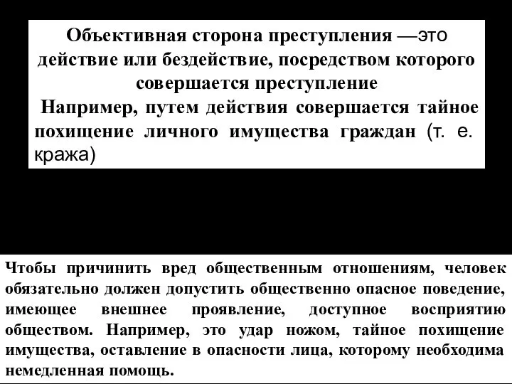 Объективная сторона преступления —это действие или бездействие, посредством которого совершается преступление Например,