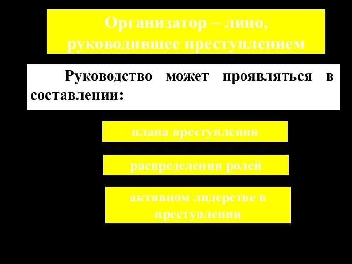 Организатор – лицо, руководившее преступлением Руководство может проявляться в составлении: плана преступления