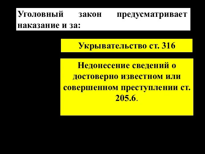 Уголовный закон предусматривает наказание и за: Укрывательство ст. 316 Недонесение сведений о