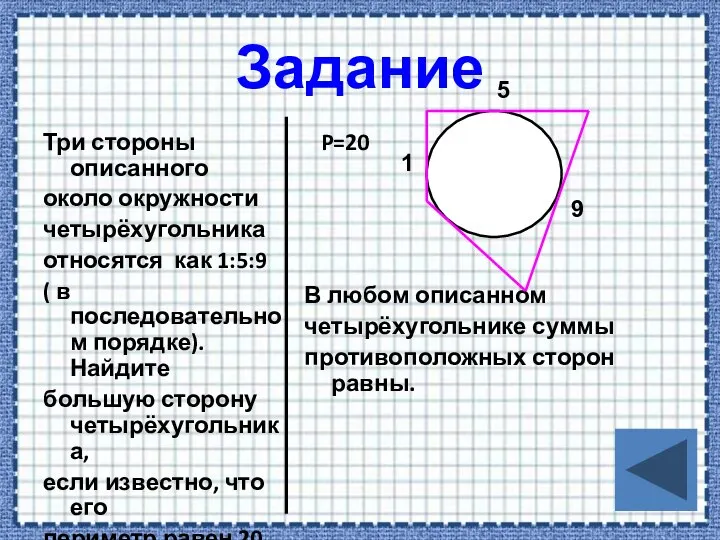 Задание Три стороны описанного около окружности четырёхугольника относятся как 1:5:9 ( в
