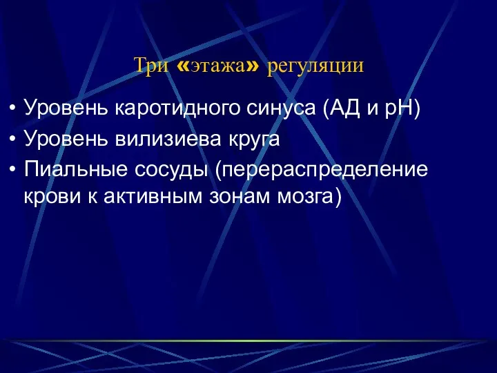 Три «этажа» регуляции Уровень каротидного синуса (АД и рН) Уровень вилизиева круга