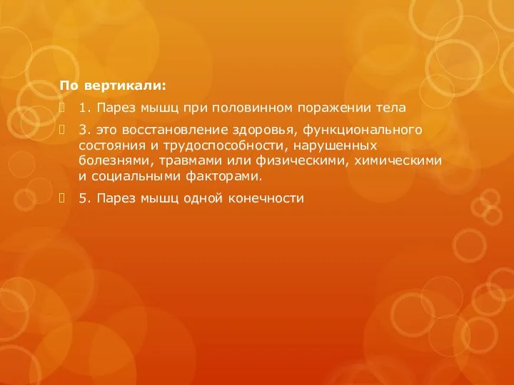 По вертикали: 1. Парез мышц при половинном поражении тела 3. это восстановление