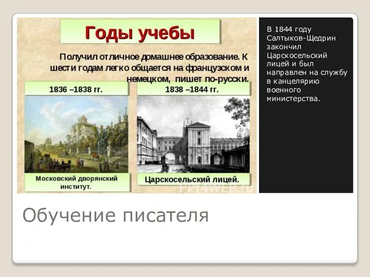 Обучение писателя В 1844 году Салтыков-Щедрин закончил Царскосельский лицей и был направлен