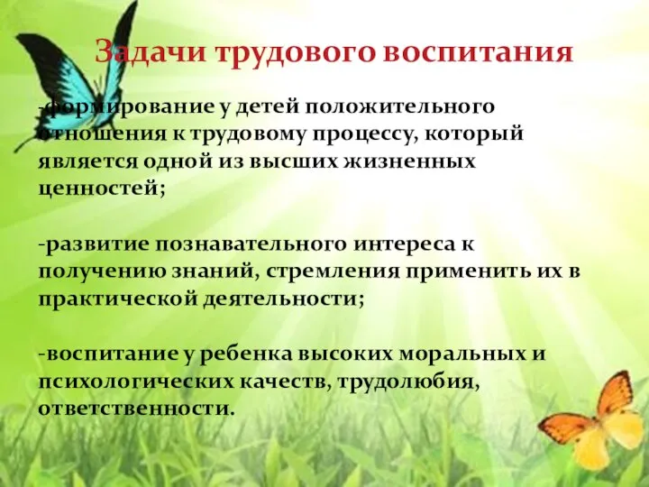 Задачи трудового воспитания -формирование у детей положительного отношения к трудовому процессу, который