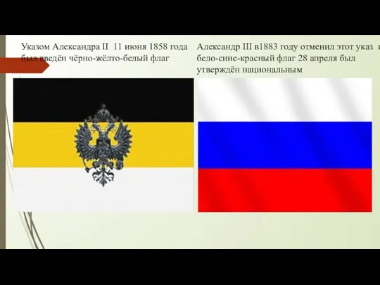 Указом Александра II 11 июня 1858 года был введён чёрно-жёлто-белый флаг Александр