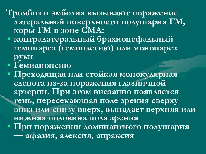 Тромбоз и эмболия вызывают поражение латеральной поверхности полушария ГМ, коры ГМ в