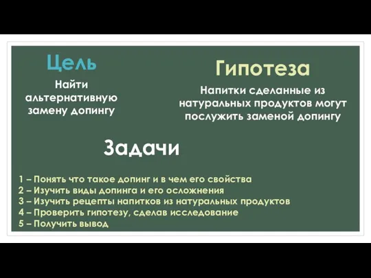 Цель Гипотеза Задачи Найти альтернативную замену допингу Напитки сделанные из натуральных продуктов