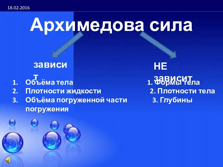 18.02.2016 Архимедова сила зависит НЕ зависит Объёма тела 1. Формы тела Плотности