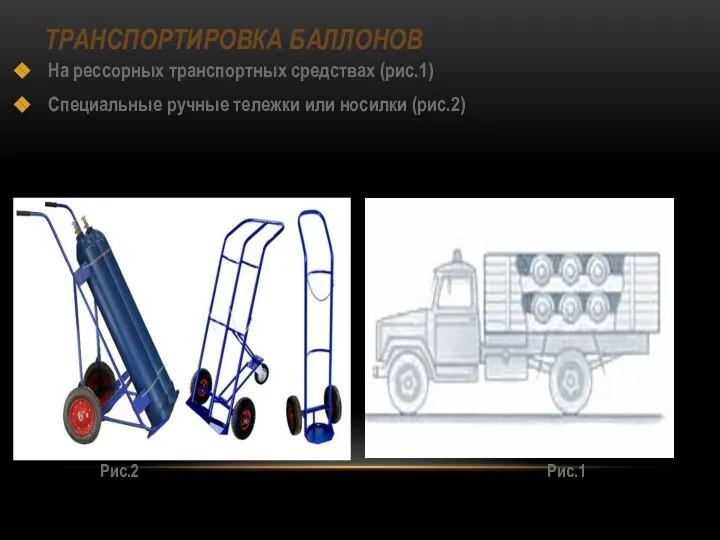 ТРАНСПОРТИРОВКА БАЛЛОНОВ На рессорных транспортных средствах (рис.1) Специальные ручные тележки или носилки (рис.2) Рис.2 Рис.1