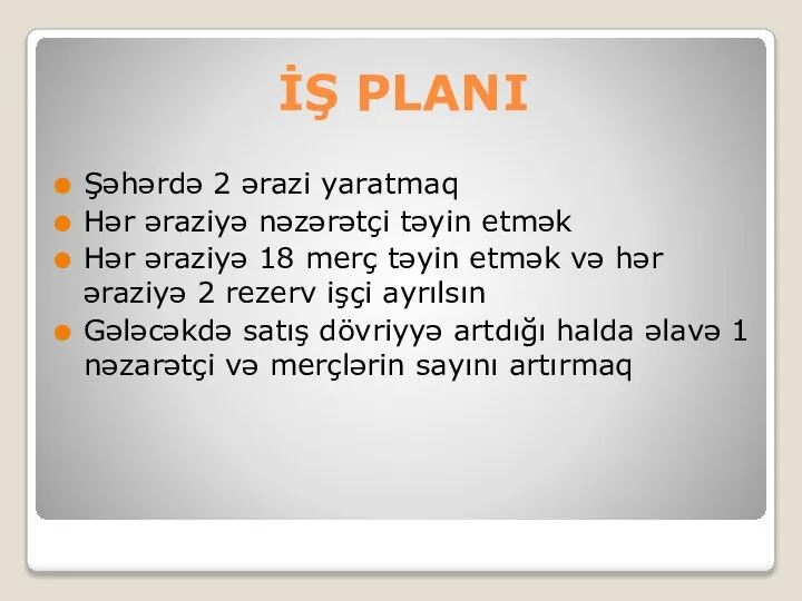 İŞ PLANI Şəhərdə 2 ərazi yaratmaq Hər əraziyə nəzərətçi təyin etmək Hər