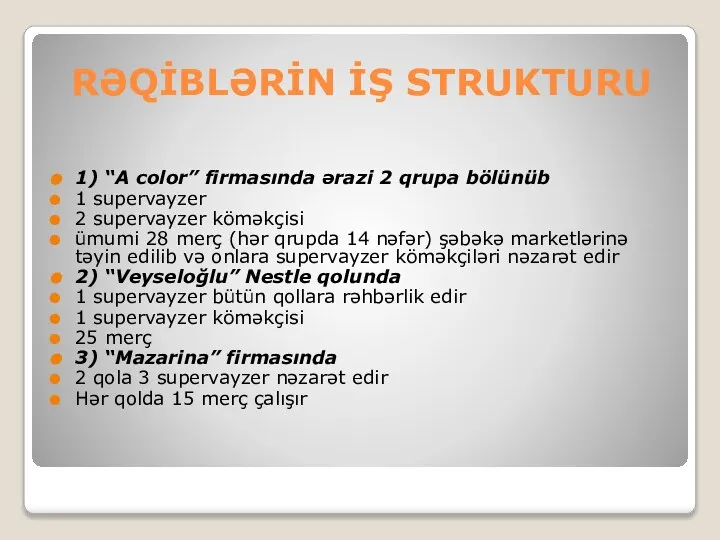 RƏQİBLƏRİN İŞ STRUKTURU 1) “A color” firmasında ərazi 2 qrupa bölünüb 1