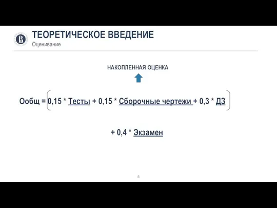 ТЕОРЕТИЧЕСКОЕ ВВЕДЕНИЕ Оценивание Ообщ = 0,15 * Тесты + 0,15 * Сборочные