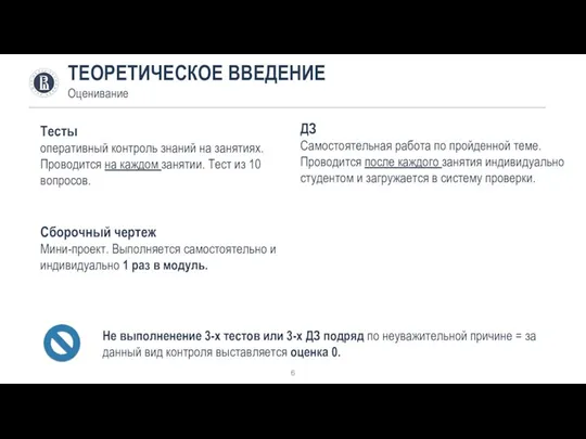 ТЕОРЕТИЧЕСКОЕ ВВЕДЕНИЕ Оценивание Тесты оперативный контроль знаний на занятиях. Проводится на каждом